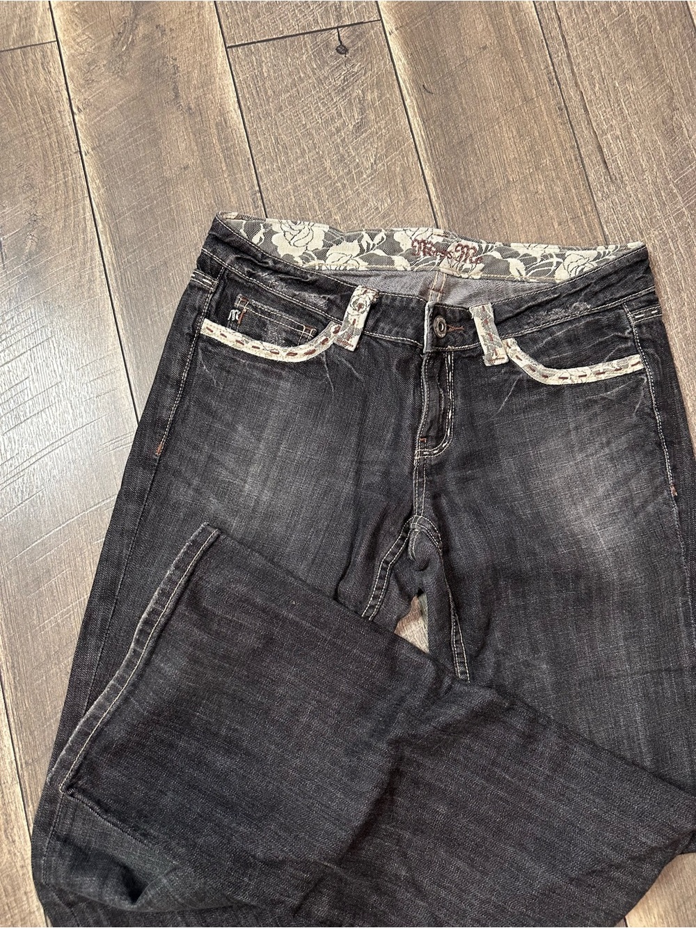 Miss Me Black Wash Lace Trim Low Rise Flare Jeans - Picture 5 of 8